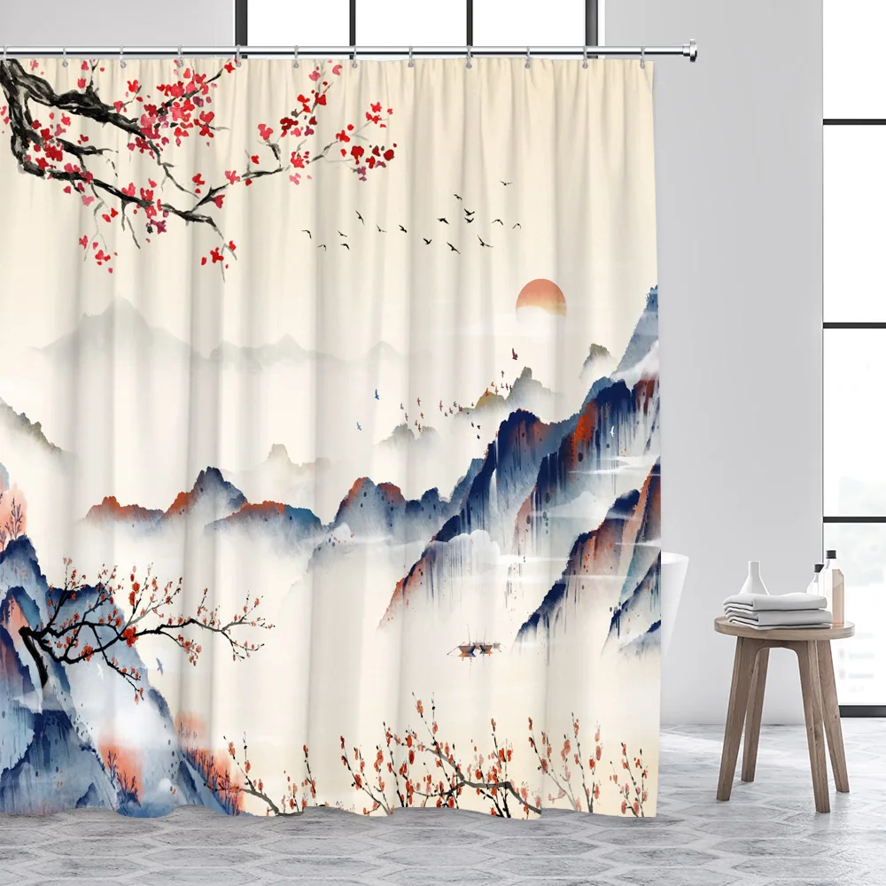 Japanese Landscape Shower Curtain Sun Sea Waves Cherry Blossom White Crane Creative Art Bath Curtains Fabric Home Bathroom Decor