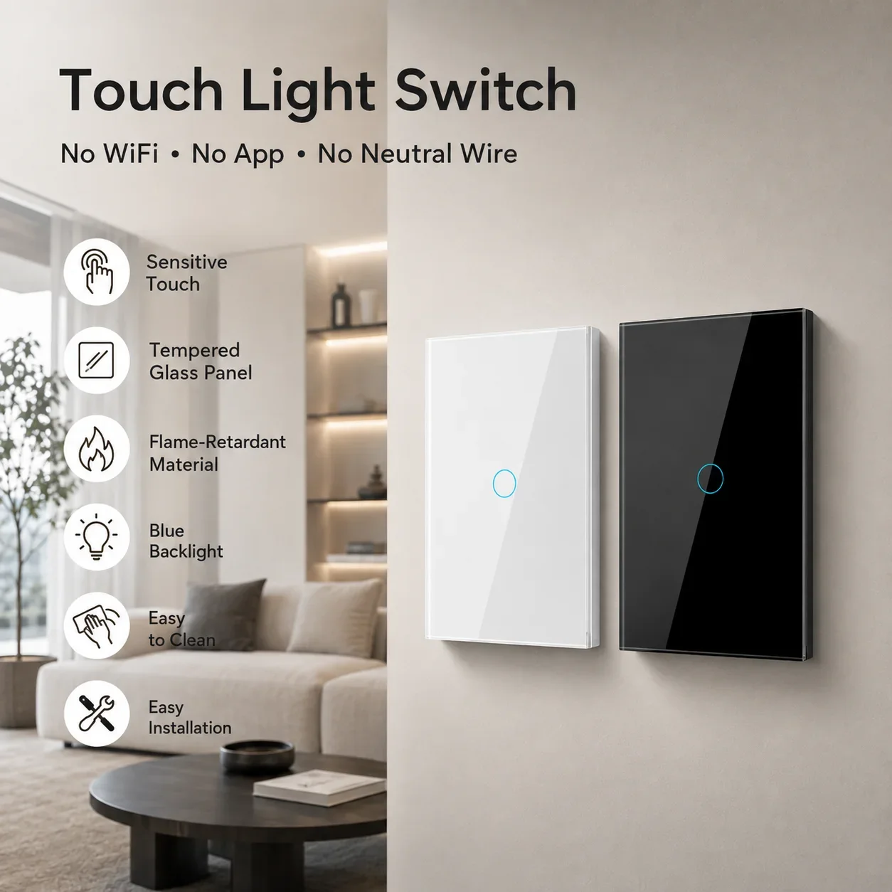 Touch Light Switch No Neutral Wire Required Tempered Glass Wall Switch 1/2/3/4 Gang LED Backlight Black White No WiFi for Home L
