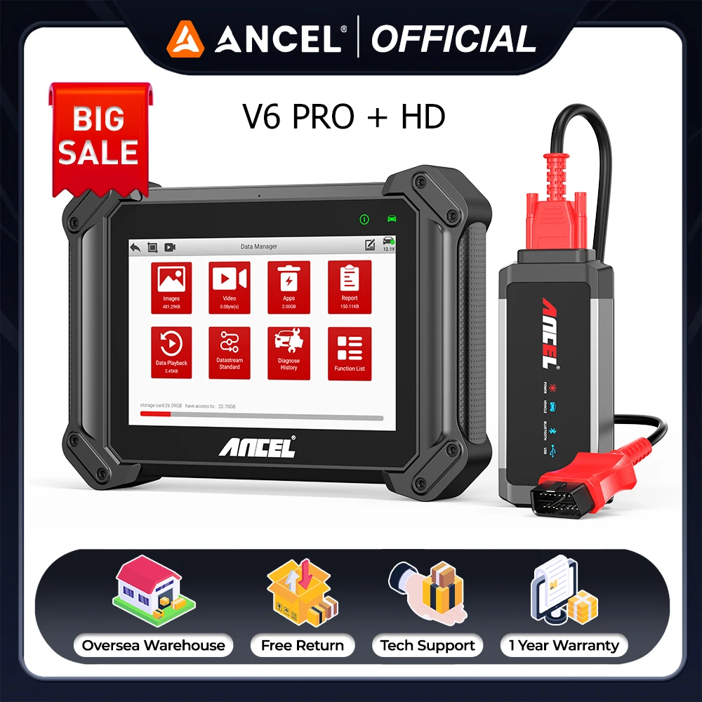

ANCEL V6 Pro+ HD Full System Diagnostic Tool OBD2 Scanner ABS TPMS DPF IMMO Oil 40+ Reset ECU Coding For 12V 24V Car & Trucks
