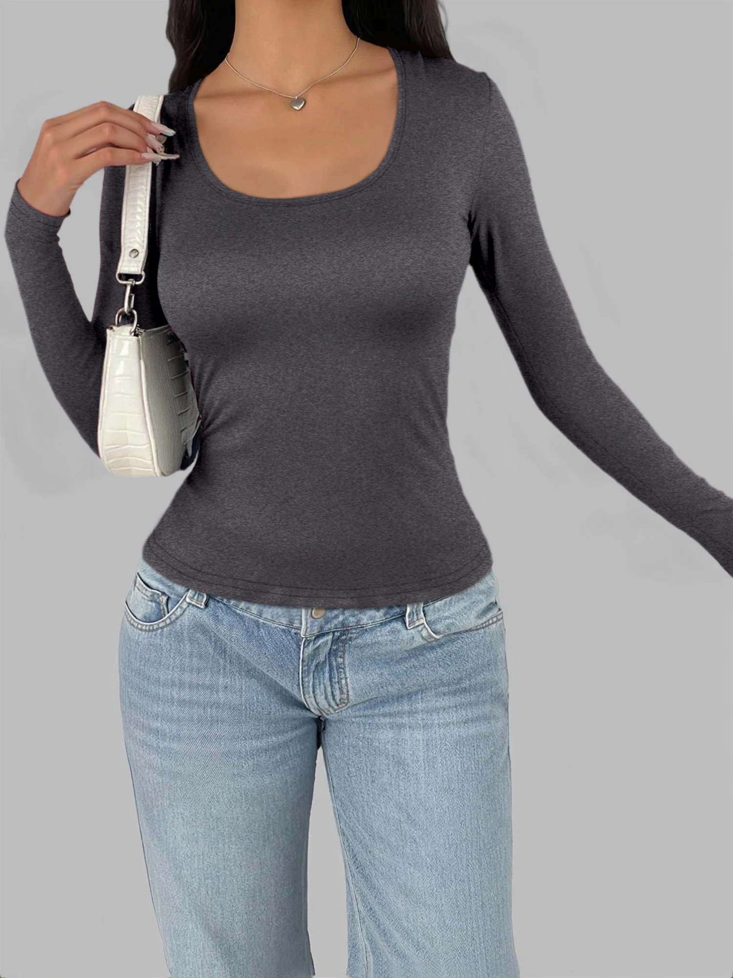 Minimalist U‑Neck Long Sleeve Blouse, Tailored Slim‑Fit Shirt for Office Meeting & City Daily Styling