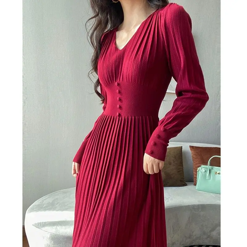 

Красное вязаное платье Ele для женщин: осенне-зимнее, с высокой талией, юбкой-полусолнце и длинными рукавами, миди-платье для помолвки и дня рождения