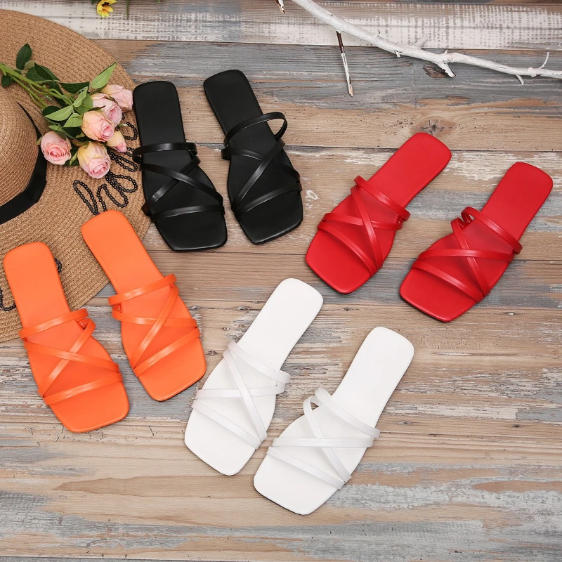 2024 Summer Women\'s Slippers Fashion Square Toe Women Sandals Outdoor Beach Casual Shoes Light Comfortable Women Flat Flip-flops