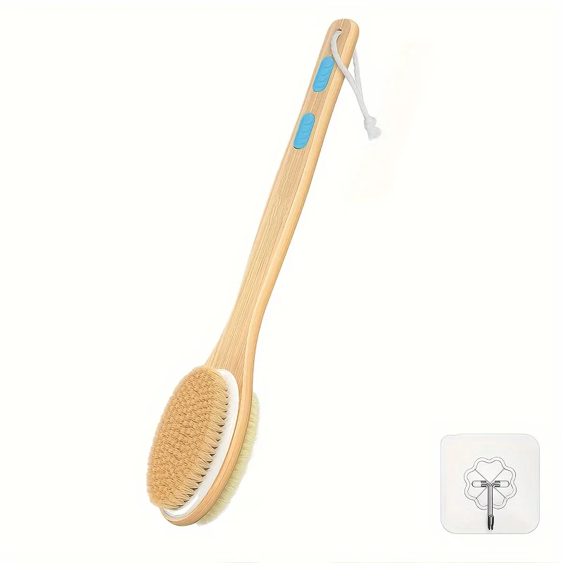 Shower Brush With Soft And Stiff Bristles+ Hook, Back Scrubber For Shower, Long Wooden Handle Bath Sponge Shower Brush, Soft Mes