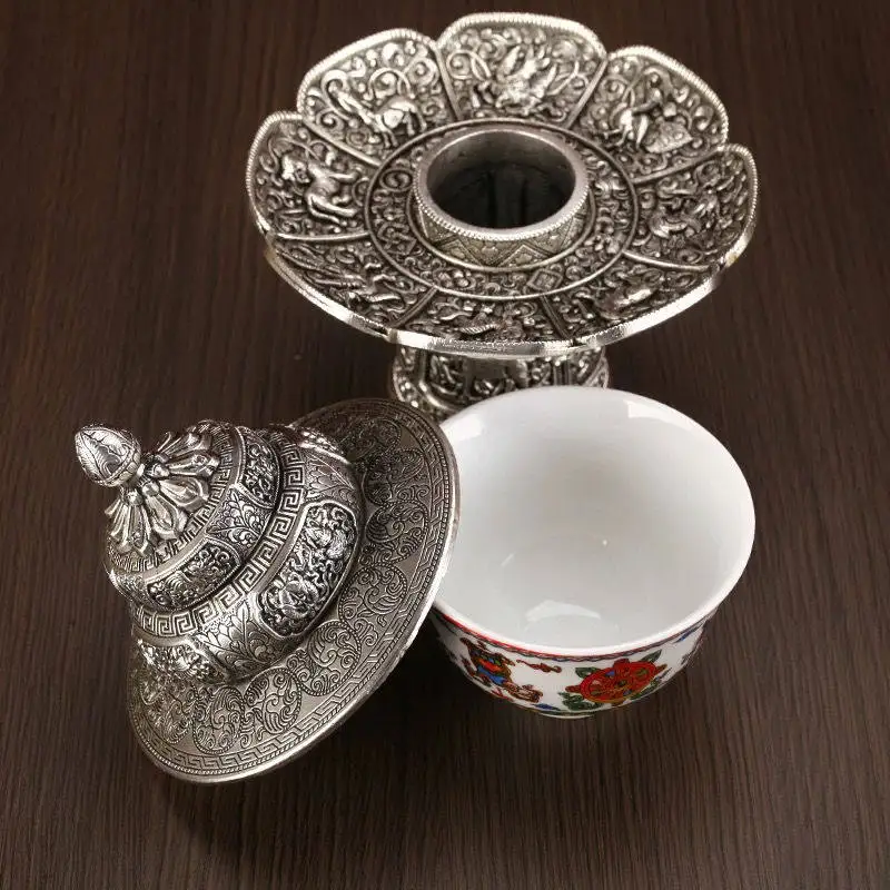 Tibetan Eight Auspicious High footed Offering Cup Buddhist Supplies Porcelain Bowl Eight Treasures Buddha Hall Ornaments