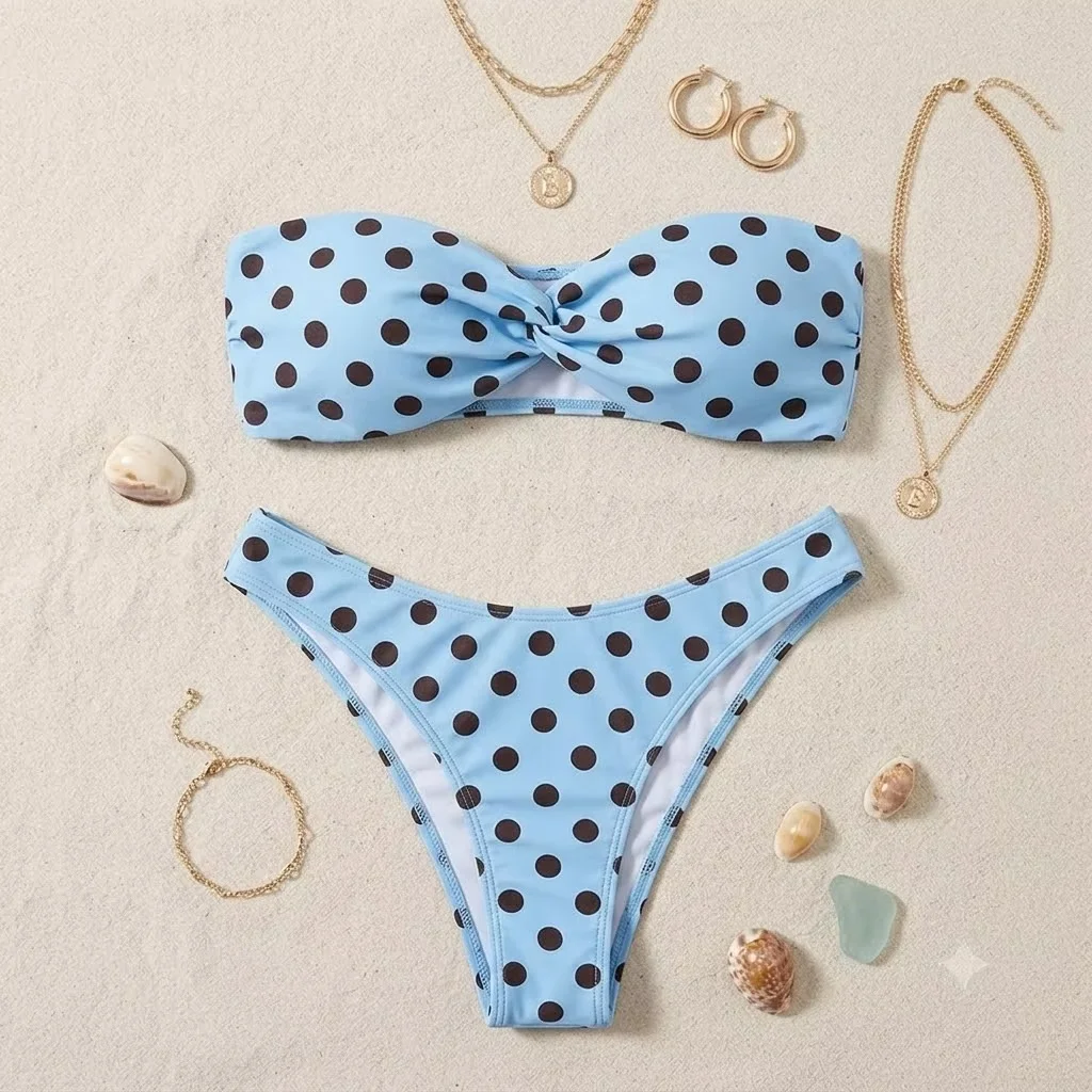 JEWELRY SEN Damen Polka Dot Twist-Front Bandeau Bikini Set 2-teiliger High-Cut Trägerloser Sommer-Strand-Badeanzug – Detail 1