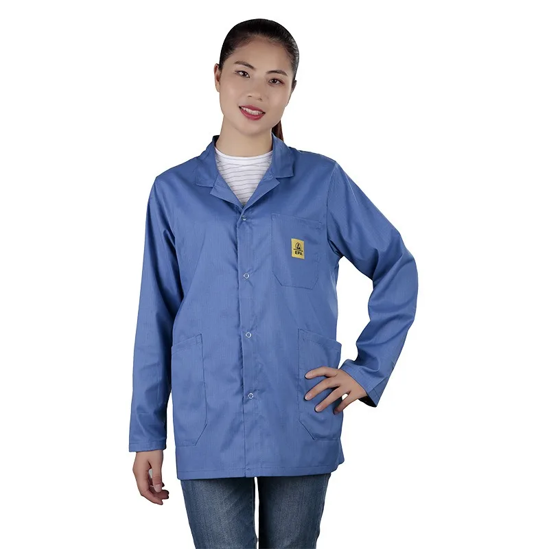 ESD Lab Coat with Lapel Collar, 3 Pockets & Snap Cuffs, Knee Length Anti-Static Jacket