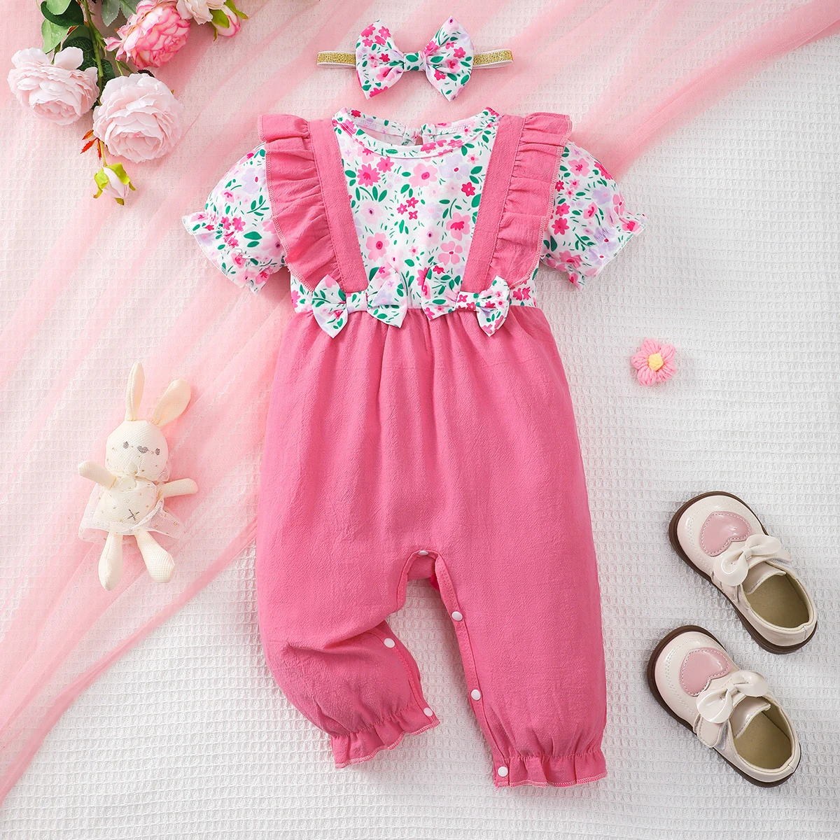 

Newborn Baby Girl Jumpsuit Ruffled Edges Small Floral Color block Jumpsuit+Bow for Baby Girl 0-18 Months Summer Crawling Suit