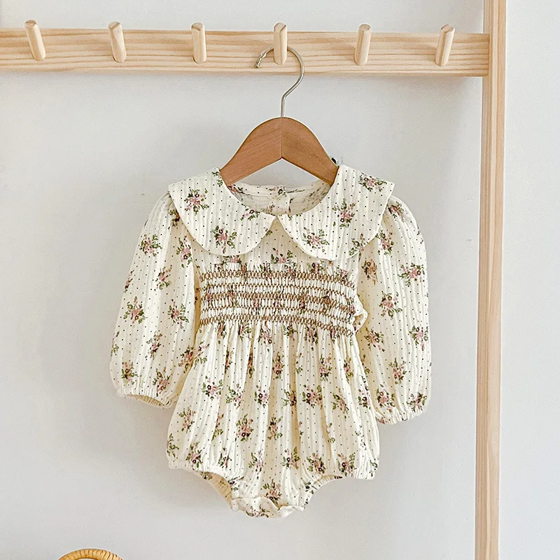 Baby Crawling Suit Long Sleeve Infant Clothing Girl Toddler Ruffle Hem Floral Cotton Bottom Covering Harriet's Clothes