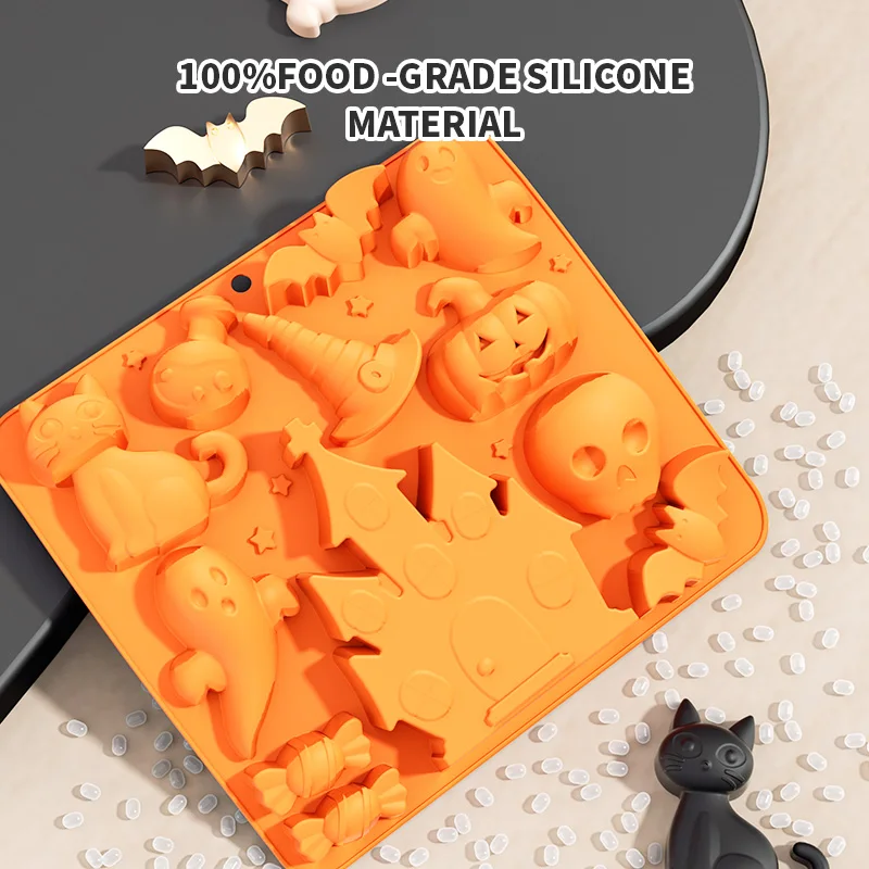 3D Halloween Theme Silicone Mold with Haunted Castle Pumpkin Ghost Bat Patterns Chocolate  Mold Flexible Baking Trays for Soap