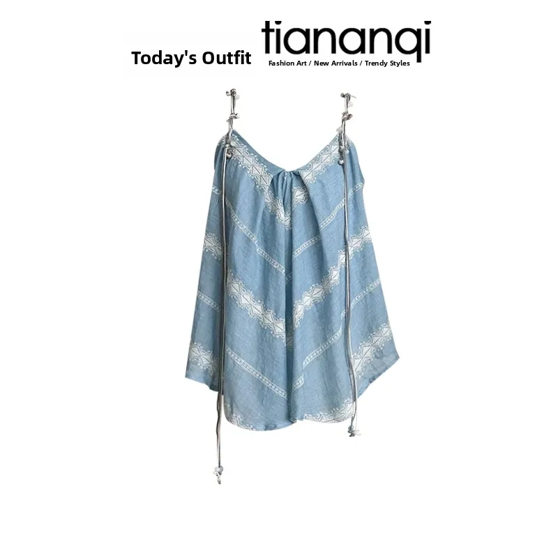 Summer Design Sexy Blue Ethnic Style Lace Trim Denim Set with Strap Vest Fashionable Three-Piece Suit Long Sleeve V-Neck Top view 3