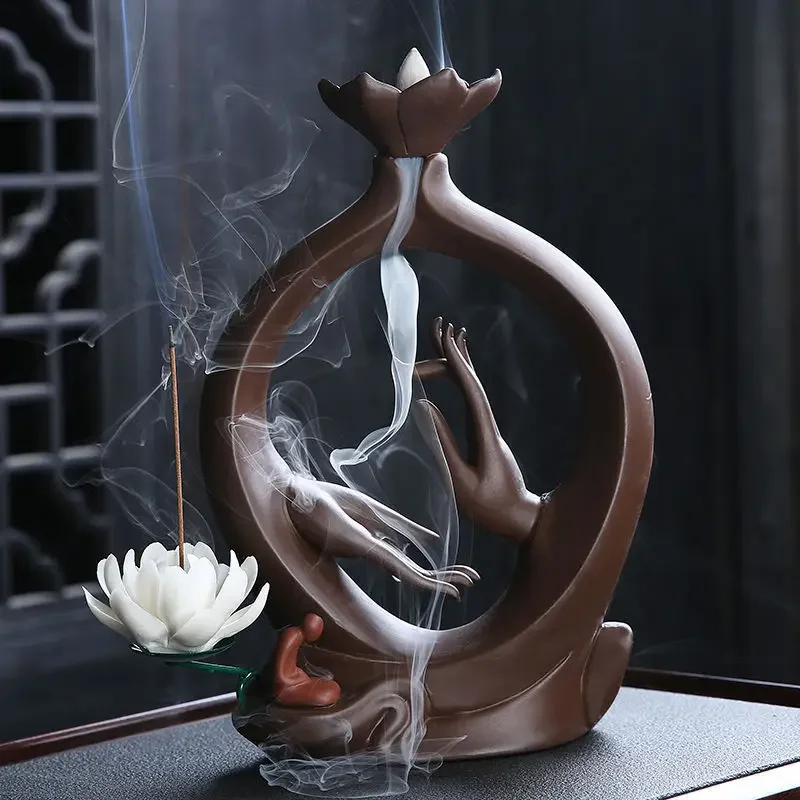 

Buddha Hand and Lotus Backflow Incense Burner Smoke Waterfall Incense Holder Meditation Ceramic Aromatherapy Censer Oranament