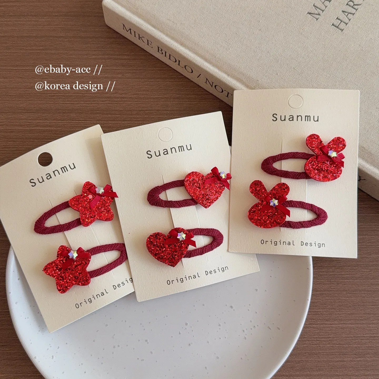 Hair Clips Red Heart Star Rabbit Rhinestone Fabric Covered BB Barrettes Hair Ties Cute Side Bangs for Toddler Girls New Year
