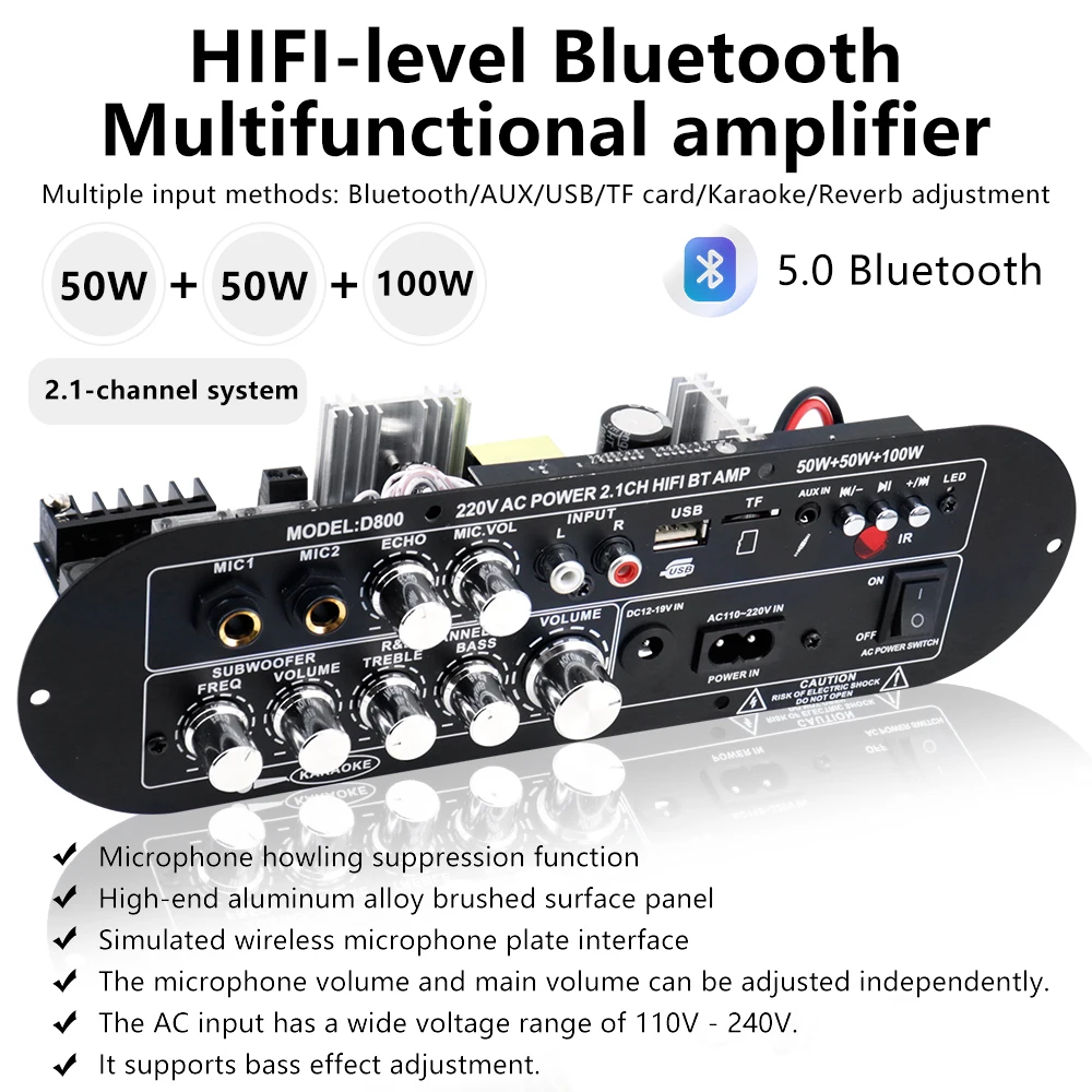 Bluetooth 5.0 Digital Amplifier Board 2.1 Channel 50W*2 100W Large Power Output for Home Sound Systems Adjustable Bass Treble