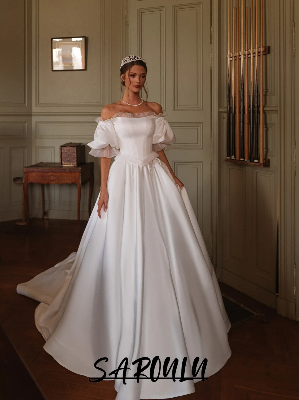

Women Satin Dreamy Off Shoulder Wedding Dress Simple Long Customized Bridal Romantic Ball Gown Princess Corset Classic Wear