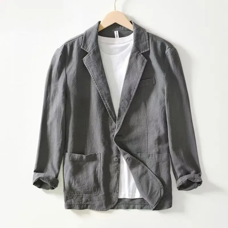 

Loose Fit Men's Cotton Linen Suit Jacket Casual Wear Pure Color Single Layer Top for Business And Daily Use
