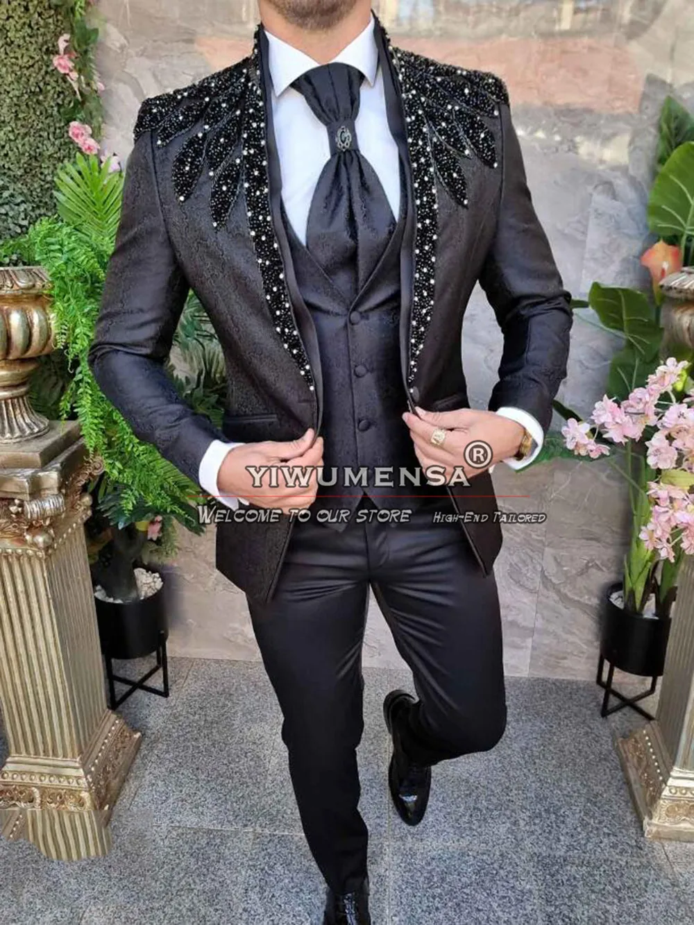 Luxury Floral Suits Men For Wedding Crystals Beads Lapel Jacket Vest Pants 3 Pieces Groom Tuxedos Bespoke Man Dress Traje Hombre