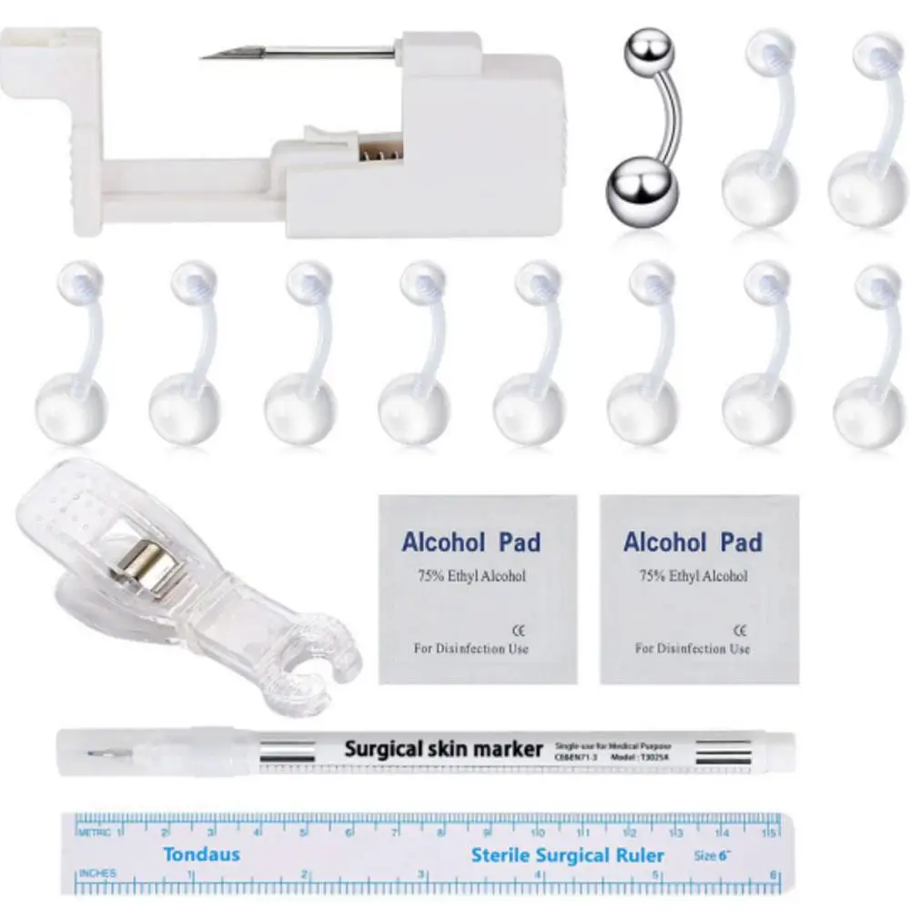 1/17PCS Set Body Piercing Kit for Belly Button Rings Stainless Steel Needles Tools Safety Painless Disposable Self Piercing Gun