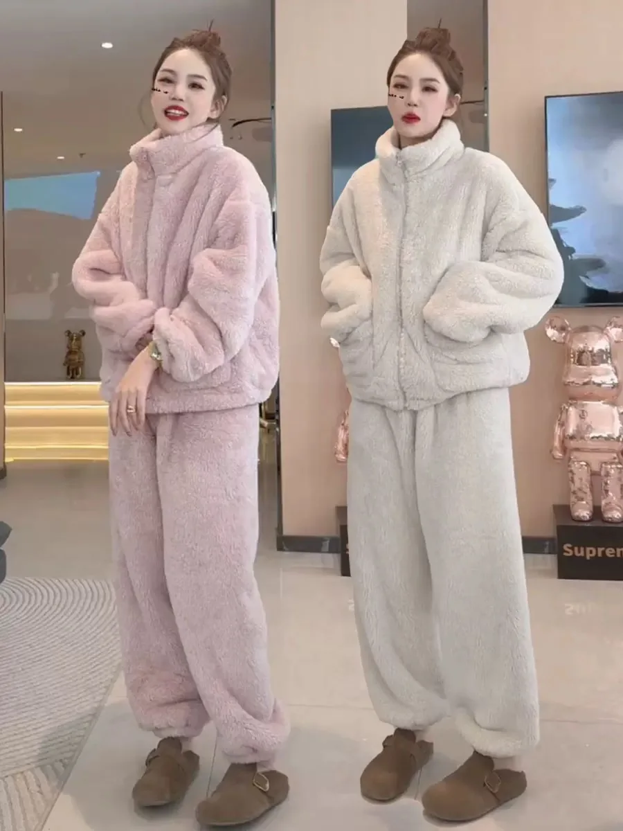 

Warm Thickened Fleece Lined Stand Collar Lazy Style Home Clothes Two Piece Set Pure Color Loose Sleepwear for Winter Women