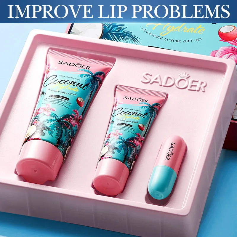 3pcs/Set SADOER Hand Cream Lip Balm Body Lotion Skin Care Sets Moisturizing Plump Lips Lipstick Lip Plumper Body Hands Skin Care