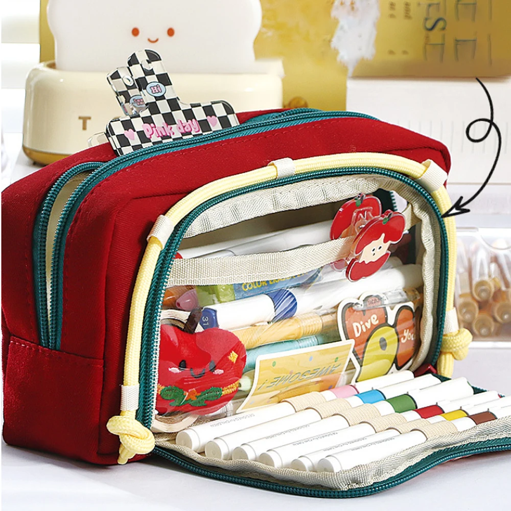 Cute Cartoon Dog 2-Layer Large Capacity Pencil Case Student Desktop Storage Pen Box School Stationery Retro Check Girl Makeupbag