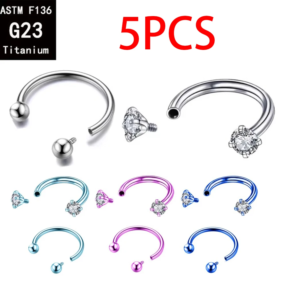 5PCS ASTM F136  Horseshoe Intemal Thread Titanium Piercing Nose Ring Ear Septum Helix Lip Tragus Anodizing Piercing Jewelry