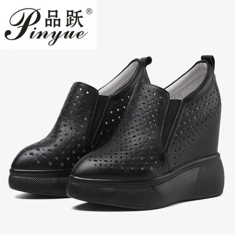 

12cm Women Genuine Leather High Heels Hollow Out Shoes Casual Black White Sneakers Leisure Platform Shoes 33-40