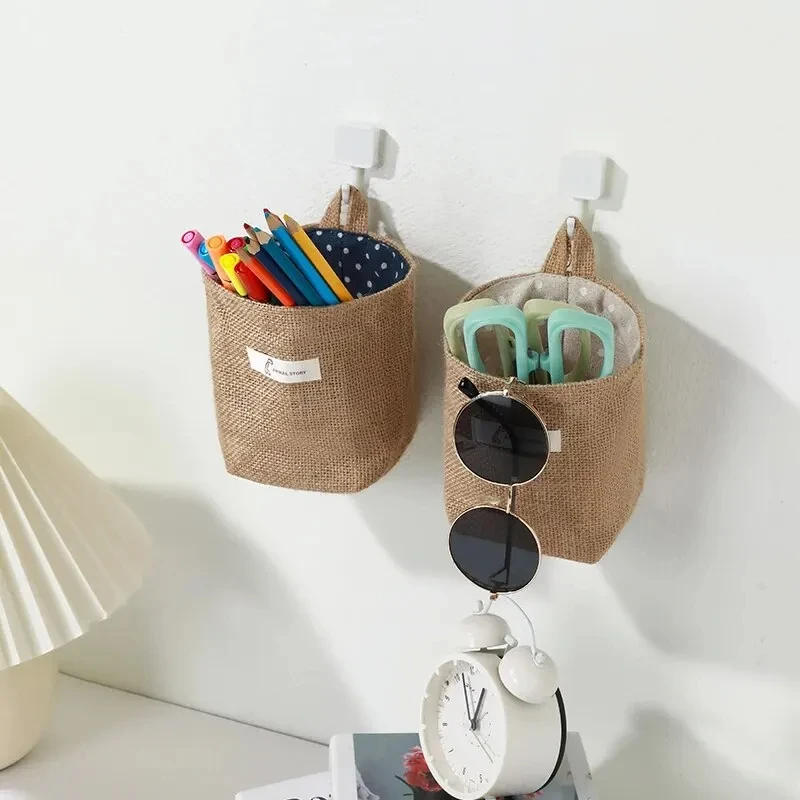 2Pcs Cotton And Linen Fabric Storage Bag Wall Hanging Storage Bag Hanging Pocket Behind The Door Dormitory Mini Cloth Bag