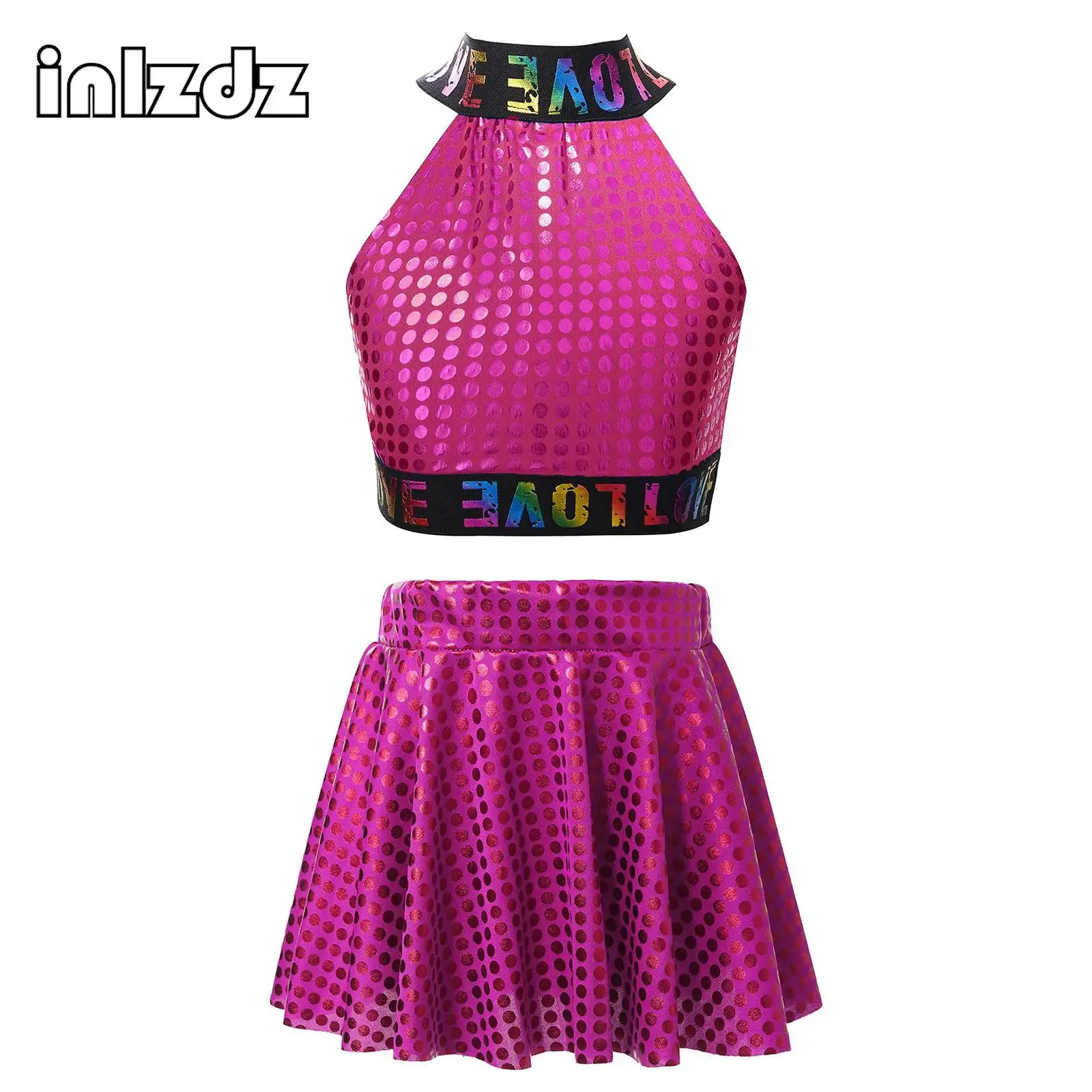 

Kids Girls Shiny Sequin Dance Outfit Jazz Hip Hop Dance Crop Top with Skirt Set for Rave Party Cheer Leader Stage Performance