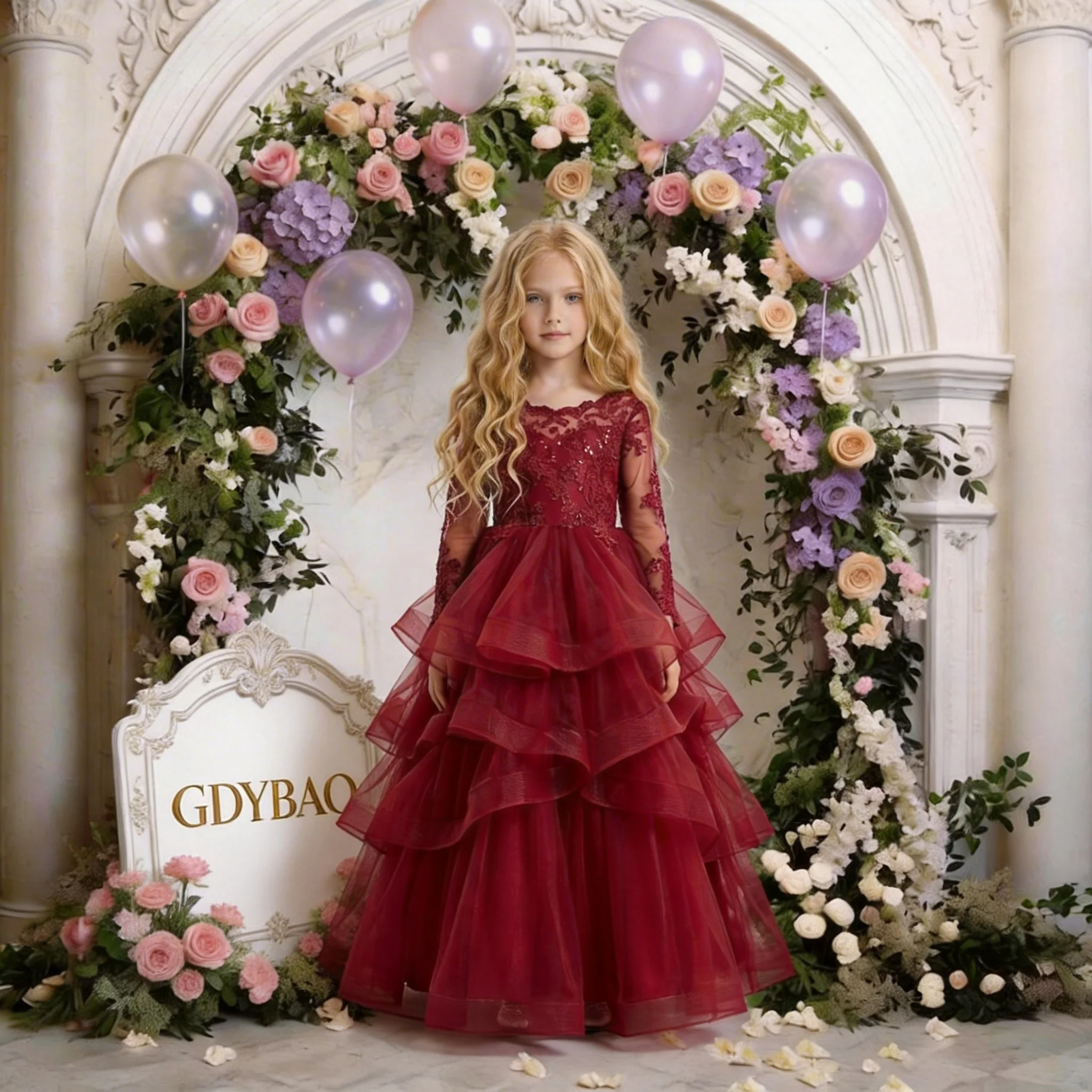 

Индивидуально пошитое платье для девочки-цветочницы с красной кружевной вышивкой и многослойной тюлевой отделкой для свадеб, дней рождения и банкетов.