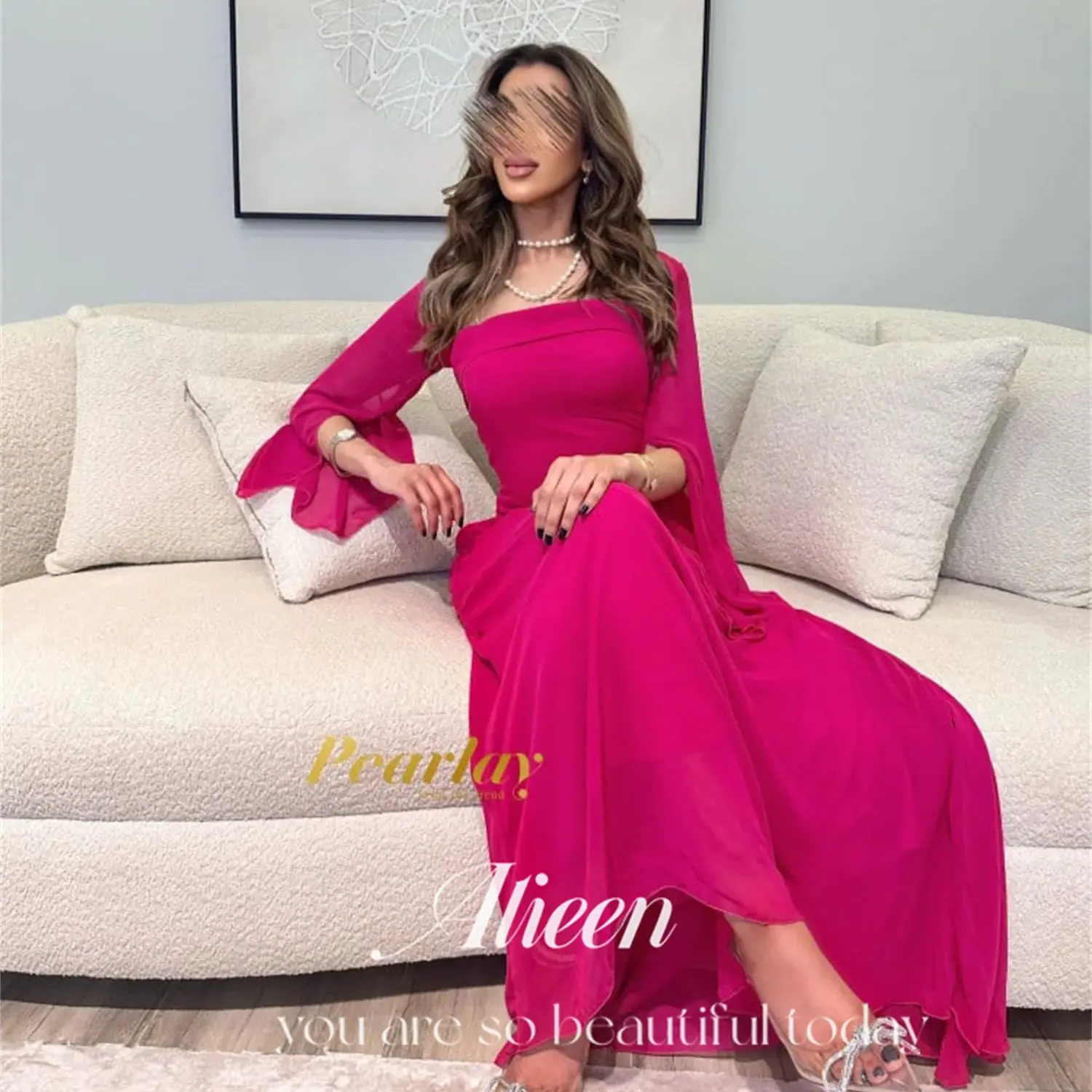 Aileen Two Piece Set Long Sleeves Rose Red Grace Chiffon Customized Dresses for Special Events Dubai Luxury Evening Dress Es