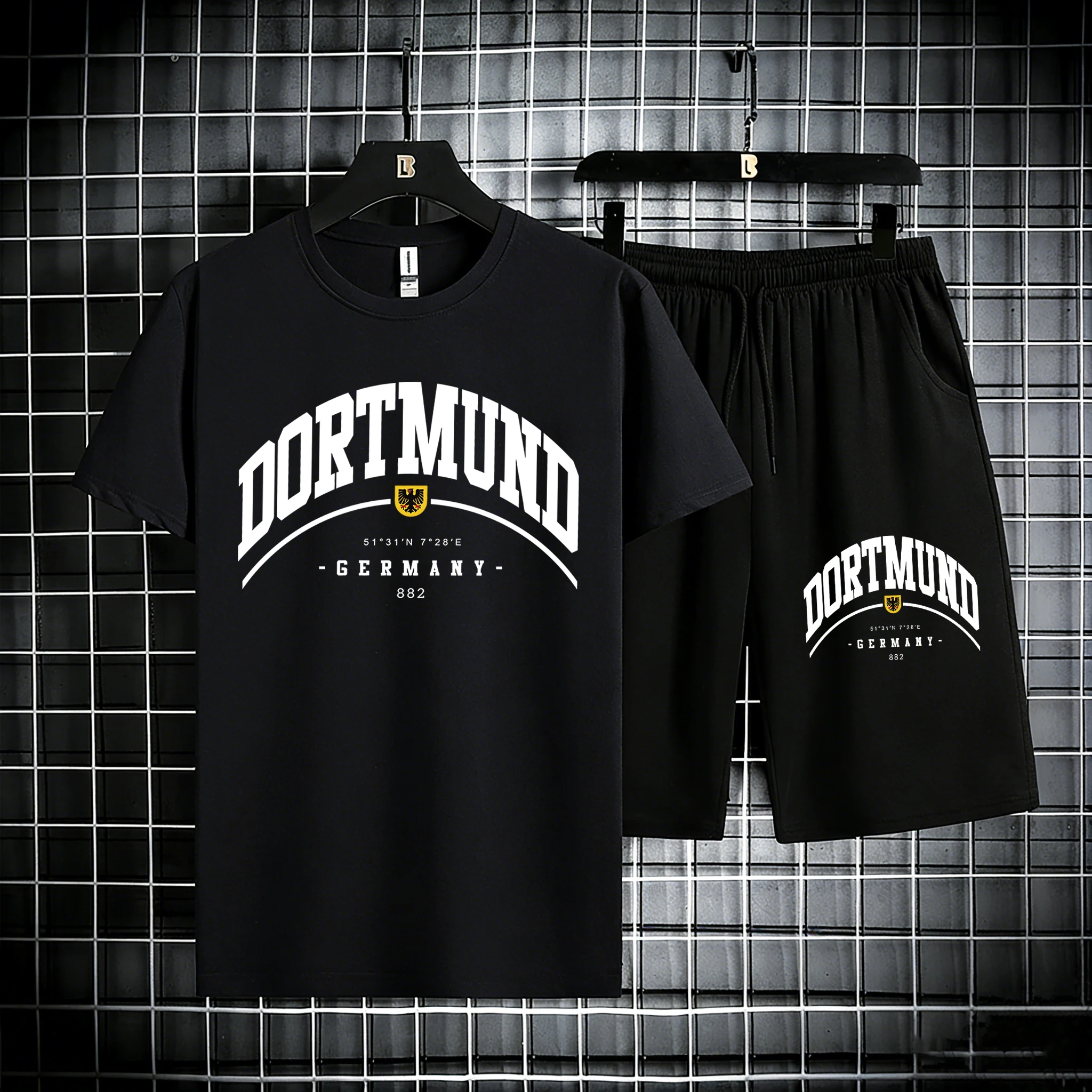 

Dortmund Germany Letter Printed Mens Summer Cotton Fashion Tee Shirts Suits Stretch Office Short Pants Casual Beach Streetwear