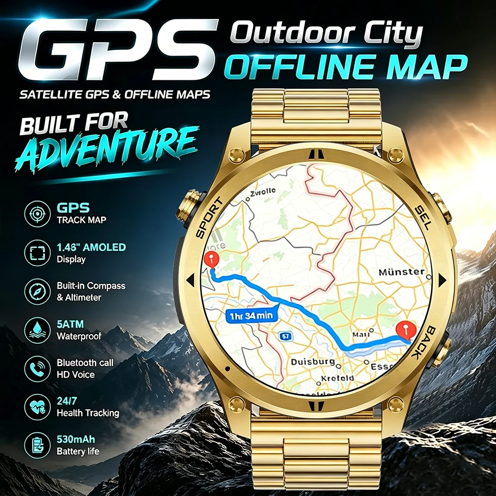 Новые умные часы с GPS, батареей 530 мАч, премиальным фитнес-трекером, компасом, водонепроницаемостью 10ATM, спортивным фонариком, умные часы для мужчин
