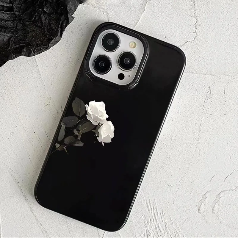 

white rose black phone case for iphone 17 pro max 16 plus 15 14 13 11 silicone back cover for iphone 12 pro xr xs x 8 7 plus se3