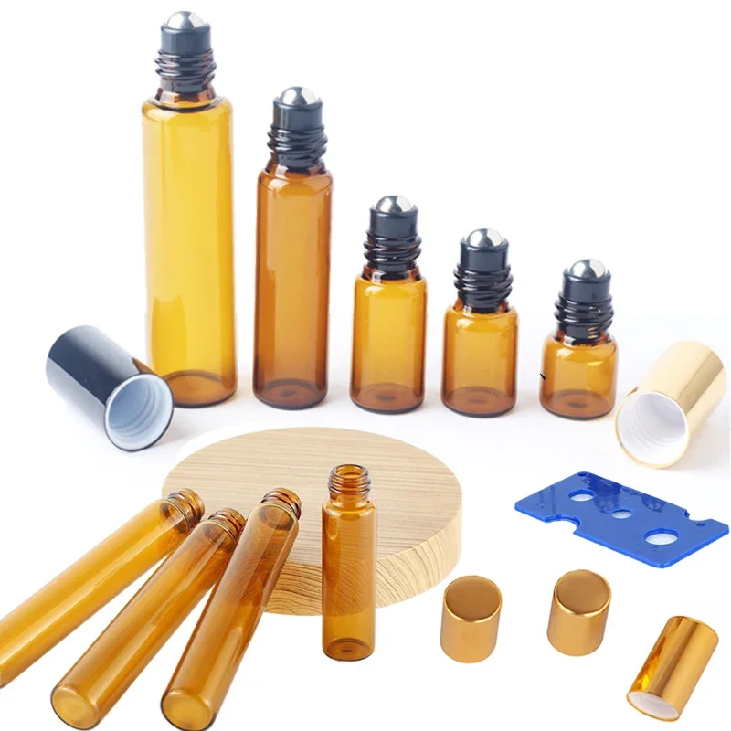 50Pcs Portable 1/2/3/5/10ml Amber Glass Roller Bottles With Stainless Steel Roller Balls Roll-on Containers For Essential oils