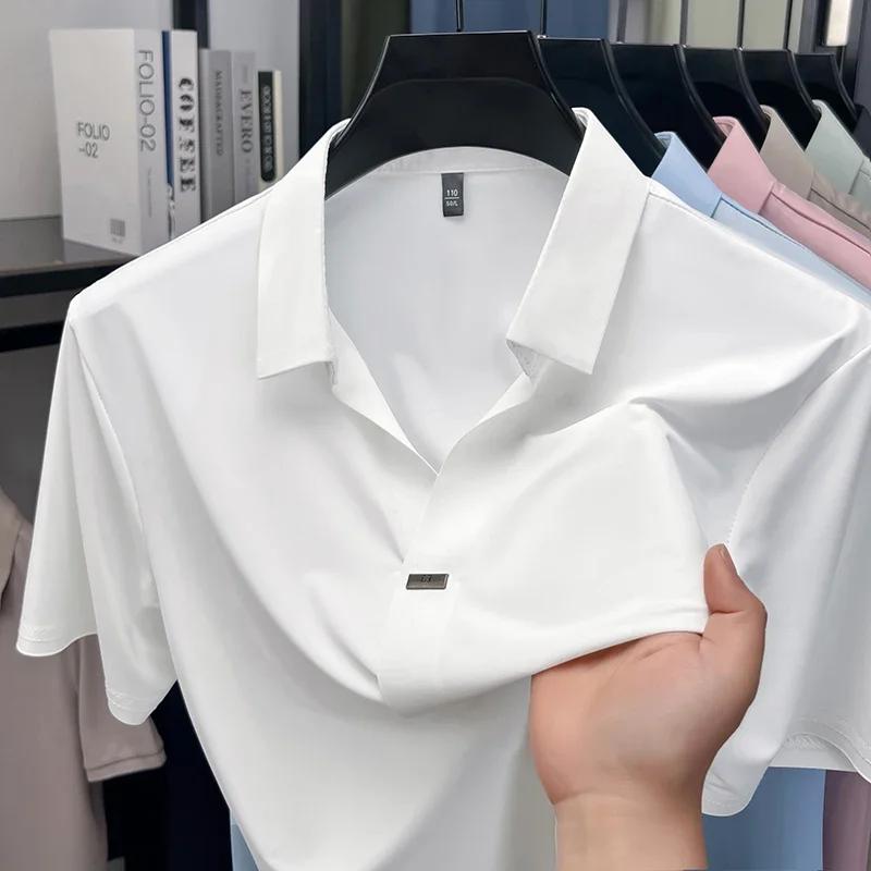 Mens One Piece Ice Silk Hidden Single Button Short Sleeve Dress Shirts Wrinkle Free Formal Office Tops For Summer Daily