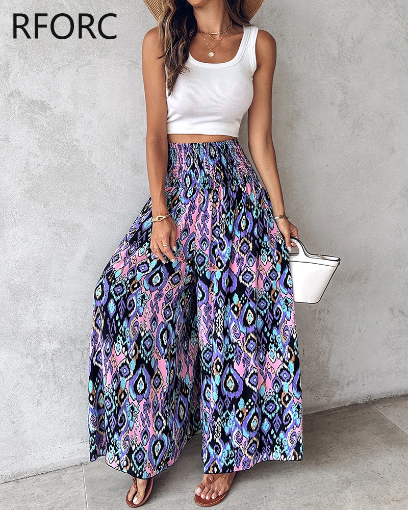 2024 Women All Over Print High Waist Elastic Wide Leg Vacation Pants