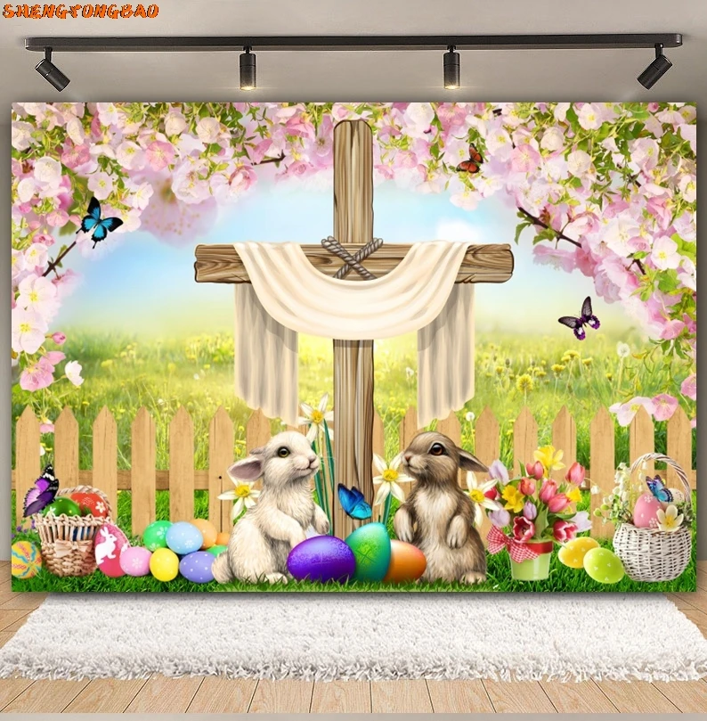 Vrolijk Pasen Achtergrond Lente Tuin Cartoon Konijnen Eieren Bloemen Groen Gras Bunny Pasen Baby Portret Fotografie Achtergrond