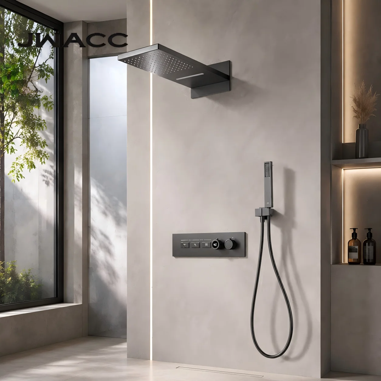 Intelligent Constant Temp Digital Display Brass Shower System Luxury Black Wall Mounted Hidden Bathroom Faucet Mixer Tap Set
