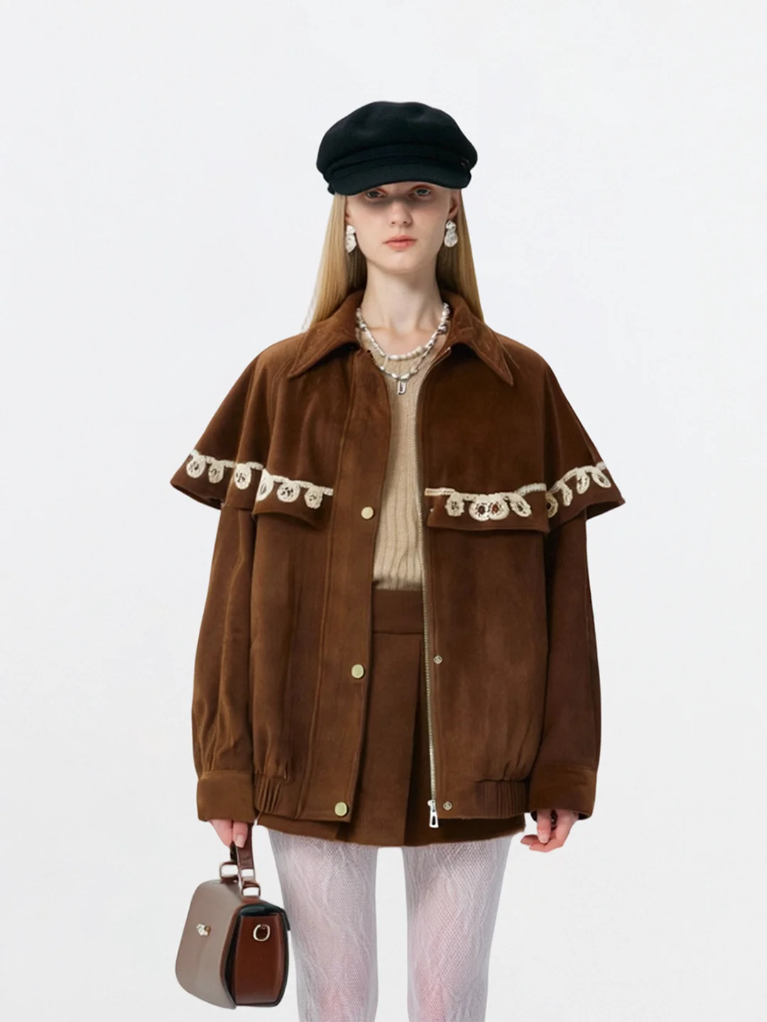 

AHMI Vintage Spliced Suede Jaet oulder Wrap Zipper Coffee Color Autumn Winter Women's Loose Fit Warm Sle Side ket