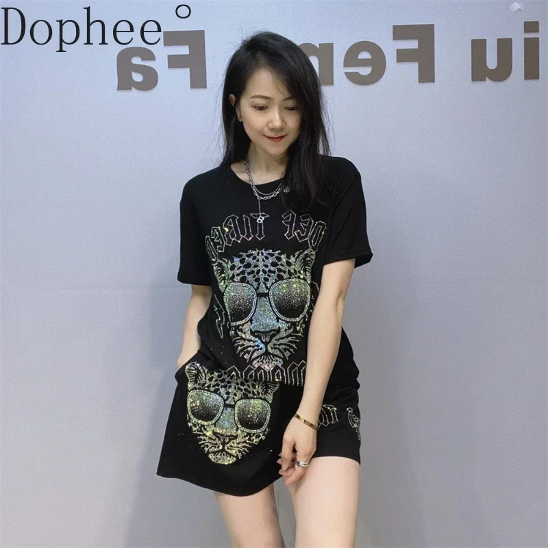 

Summer Women Two-piece Set Mighty Leopard Hot Drilling Short Sleeve T-shirt Black Top + Elastic Waist Loose Wide Leg Shorts Suit