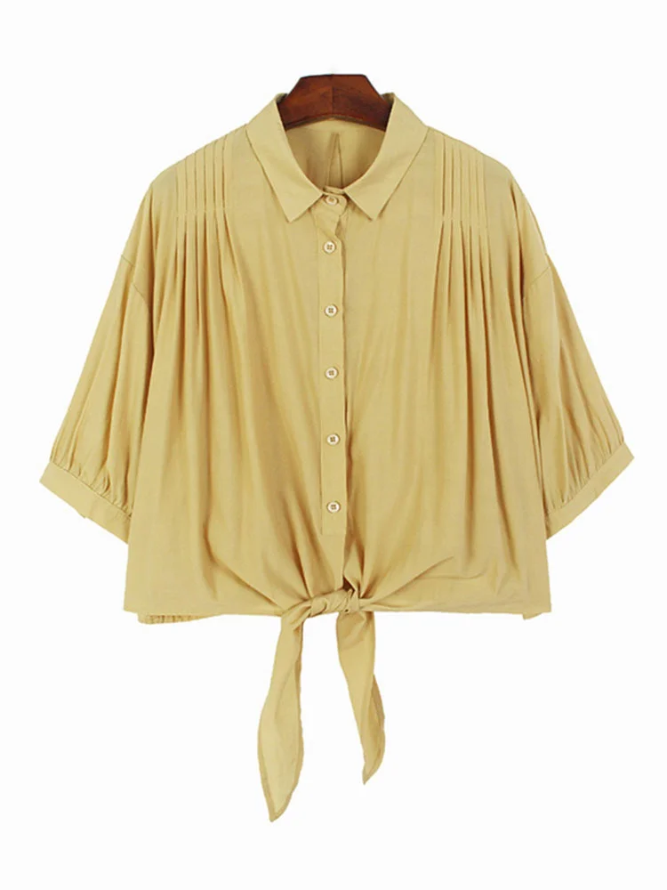 

Women White Pleated Hem Lace-up Big Size Blouse New Lapel Three-quarter Sleeve Shirt Fashion Spring Summer O148