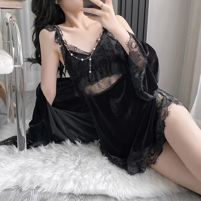 Black Lace Robe Suit Women 2PC Velour Bathrobe Gown Nightgown Set Nightdress Lingerie Autumn Velvet Kimono Sleepwear Loungewear