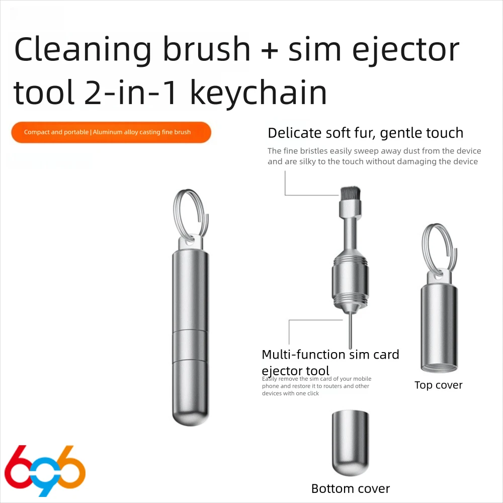 2 In 1 SIM Card Tray Removal Tool Portable Mini Keychain Eject Pins Multi-functional Aluminum Alloy Earphone Cleaning Pen Brush
