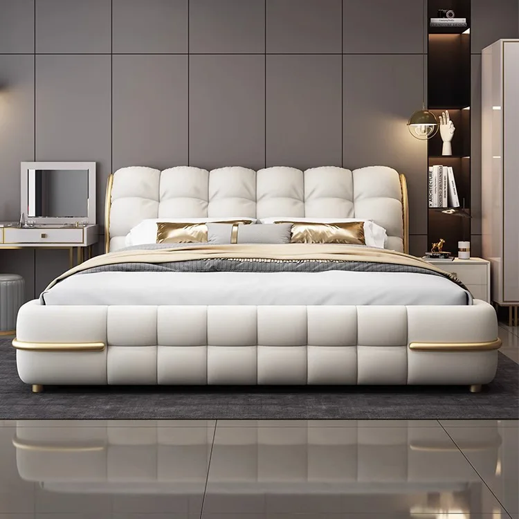Deluxe master bedroom bed, modern minimalist leather cream bed