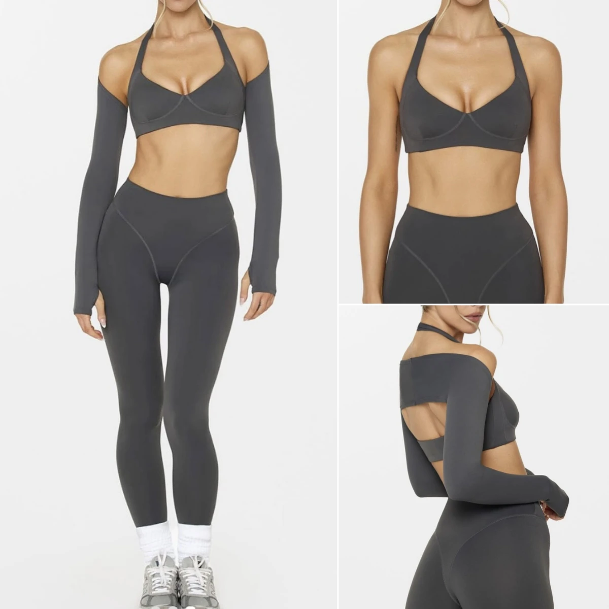 Women 3 Piece Yoga Set Halter Sports Bra Off Shoulder Long Arm Sleeves High Waist Leggings Stretch Fitness Gym Workout Suit