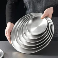 6Pcs Stainless Steels Round Plate Rust-Proof Shallow Tray Plate 14-30cm Camping Silver Camping Plate BBQ Picnic Dishes Cookware