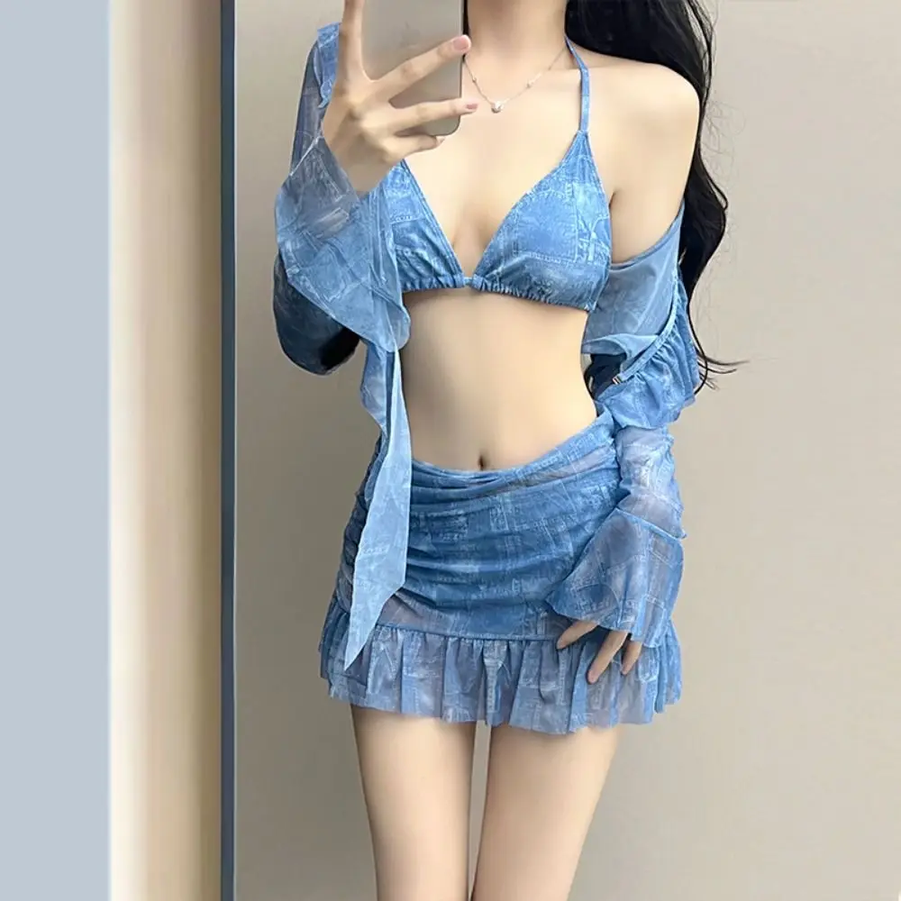 Sexy Design Halter Neck Bikini Split Bikini Slimming Fit Two-Piece Bikini Halter Neck Long Sleeve 4-Piece Set Hot Spring