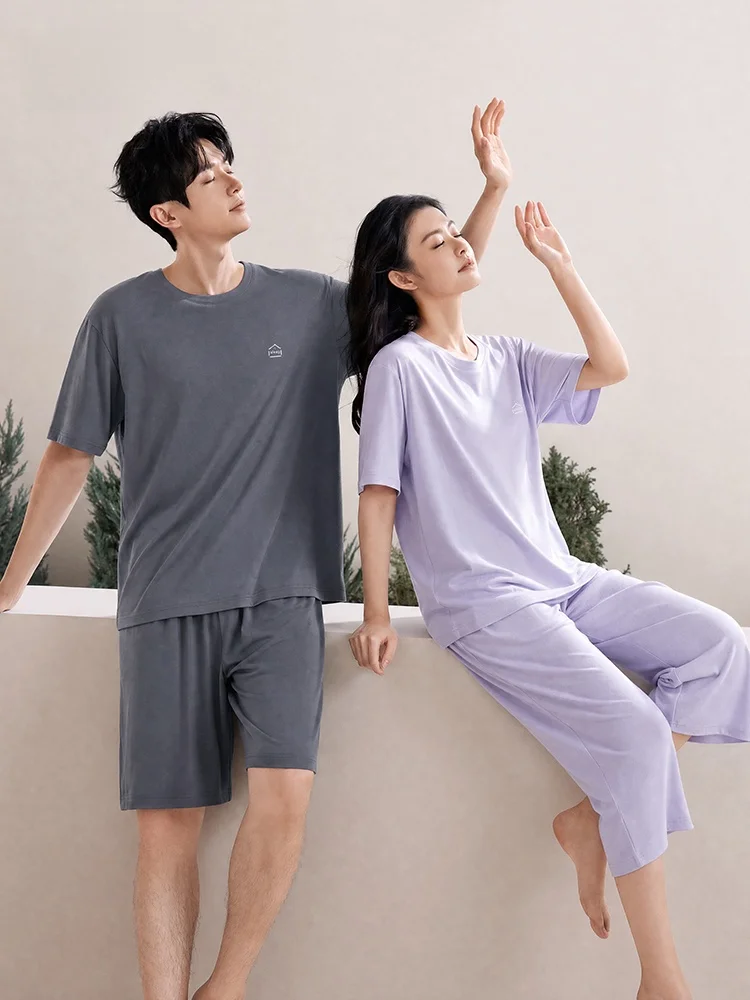 new-world-family-couple's-modal-cotton-sleepwear-women's-seven-foot-pants-summer-thin-short-sleeve-set-men's-shorts-home-clothes