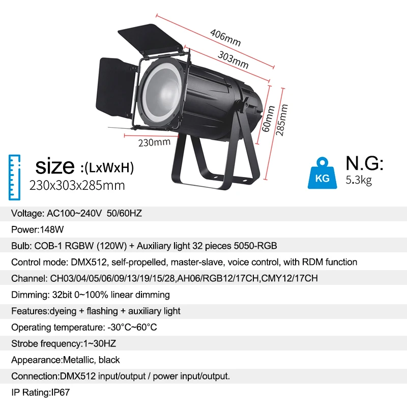 AOPU 120W 4-color RGBW COB Zoom Waterproof Par Light with Auxiliary Light Audience Light for Outdoor Stages Nightclubs