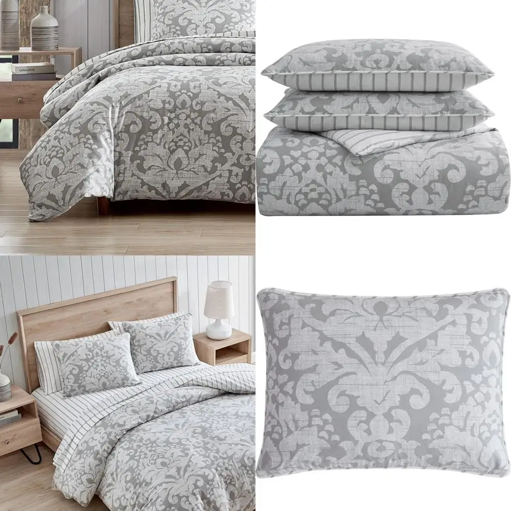 

Reversible Cotton Sateen King Duvet Cover Set with Matching Shams, Camden Grey Bedding